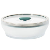 Anyday front view of kale-colored glass steamer showing bowl and lid, easy serving
