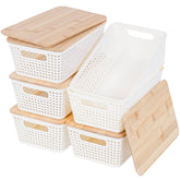 Anywish front view of six white bins with bamboo lids showing neat storage benefit