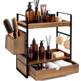 Aollewoiti front view of compact acacia vanity shelf showing organized bottles