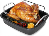 AOTASO front view of roaster pan with rack showing capacity and handles