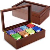 Apace Living tea box front view showing elegant wood finish and polished edges for display