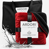 ARDORI front view of reversible red and black waterproof blanket showing coverage benefit