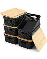 AREYZIN front view of six black bins showing tidy organization and warm bamboo lids