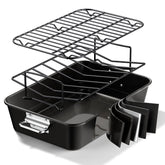 Armorbear roaster front overhead view showing full pan and racks, durable cooking