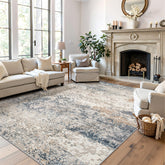 Art&Tuft front view of 5x7 blue abstract rug showing design and benefit of modern style