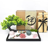 Artcome zen sand garden front view showing full tray and decor benefits calm focus