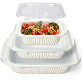 Artena set front view showing three white bakeware pieces and lids for stylish serving