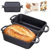 Articasting front view of pre-seasoned cast iron loaf pan showing durable finish and ready-to-bake benefit