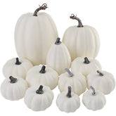 Artmag front view of twelve white faux pumpkins showing assortment and neutral decor benefit