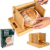 ArtoZariA front view of bamboo bread slicer showing stable base and guides for neat slices