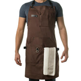 Asaya apron front profile showing full coverage and handy pockets for organized cooking