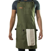 Asaya front view apron green showing full coverage and pockets for organized work