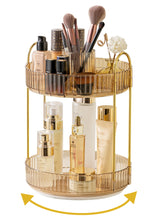 Asayuee front view of gold two-tier rotating organizer for tidy vanity access