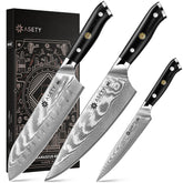 ASETY front packaging showing three-piece Damascus knife set and benefits