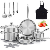 ASKSCICI full cookware set arranged, showing complete contents and storage convenience