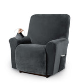 Asnomy front view on dark grey recliner showing full coverage and neat look