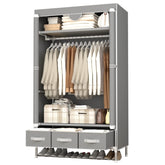 ASSICA wardrobe front view showing gray cover and rolling door benefit: space saving