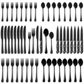 Astercook black flatware front packaging shows complete set and modern styling