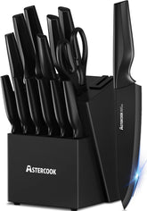 Astercook front view of black hardwood block showing full 15-piece set benefits organization
