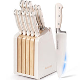 Astercook front view of knife block showcasing full set and countertop benefit