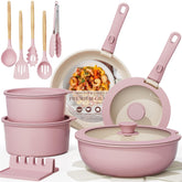 Astercook front view of pink 21-piece set showing complete stacked collection and space saving