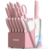 Astercook front view showing knife block and full 15-piece set, neat countertop display