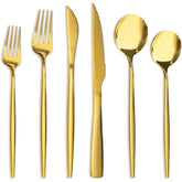 Astercook gold flatware front set displaying all 48 pieces and cohesive design