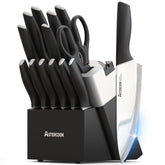 Astercook knife set front view showing block and knives, neat countertop benefit