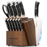 Astercook knife set front view showing block and knives, elegant storage benefit