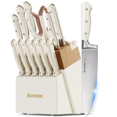 Astercook knife set front view showing all knives and block for organized storage