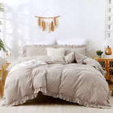 ATSense duvet cover front view showing tan gingham and ruffle, stylish comfort