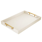 ATZYmolin tray front view showing beige leather and gold handles, elegant presentation benefit