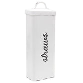 AuldHome Design front view of white enamel straw holder, neat countertop storage