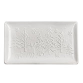 AuldHome Design platter front view showing embossed reindeer and tree, elegant serving