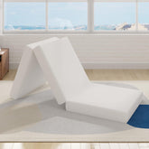 Avenco folding mattress front view showing compact twin size and neat cover, travel convenience