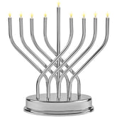 Aviv Judaica chrome menorah front view showing elegant silhouette and modern style