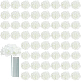 AVIVIHO front packaging showing 65 white hydrangea heads and stems, durable storage benefit
