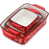 AVLA red bakeware front view showing three porcelain dishes and elegant finish