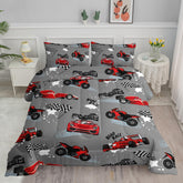 Axolotl comforter front view with bright race-car print for playful bedding
