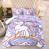 Axolotl unicorn comforter front view showing full purple rainbow design and cozy appeal