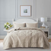 B2EVER beige damask quilt front view showing vintage pattern and smooth finish