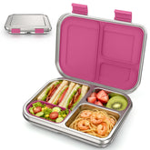 BABHAMNESS front view showing pink stainless steel lunch box and secure lid benefit