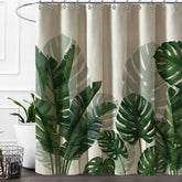 Baccessor front view of tropical shower curtain shows botanical design and full drape