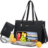 Bagstellar front overview showing quilted exterior and gold hardware for polished style