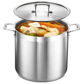 Bakken- Swiss front view of 16 quart stockpot showing polished finish and lid, durable choice