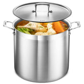 Bakken- Swiss front view of 20 quart stockpot showing polished belt and sleek profile for elegant cooking