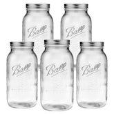 Ball 64oz jar front view showing label and set of five, ideal for bulk storage