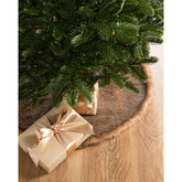 Balsam Hill front view of 72-inch brown and ivory tree skirt shows elegant coverage