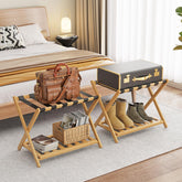 BAMBOOHOMIE front view of open luggage rack showing stable platform and natural finish