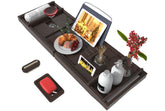 Bamfan front view of bathtub caddy showing compartments and elegant brown finish